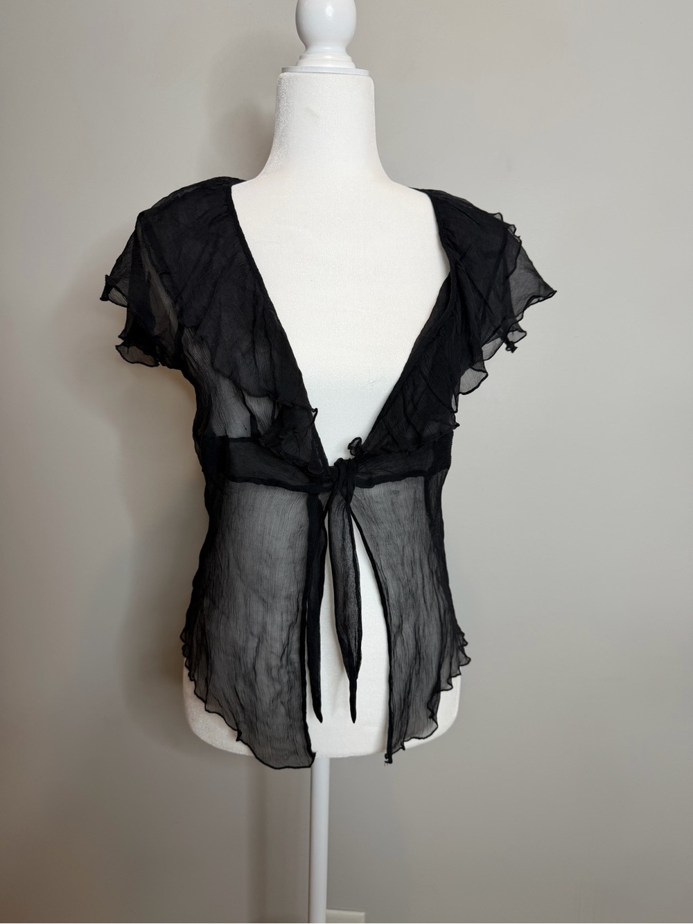 Spencer Jeremy Silk Blouse L Black Sheer Ruffle Tie Front Y2K Fairy Grunge Goth